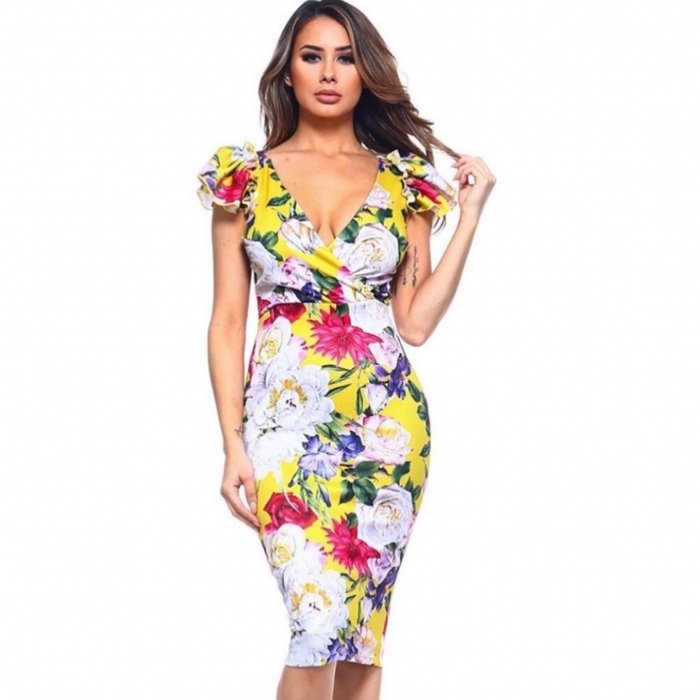 Yellow Floral Midi Dress